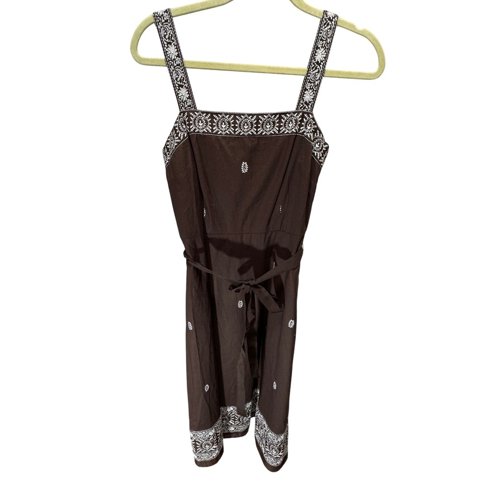 Ann Taylor Loft Embroidered Midi Sundress Womens 0 Brown Cotton‎ Boho Belted